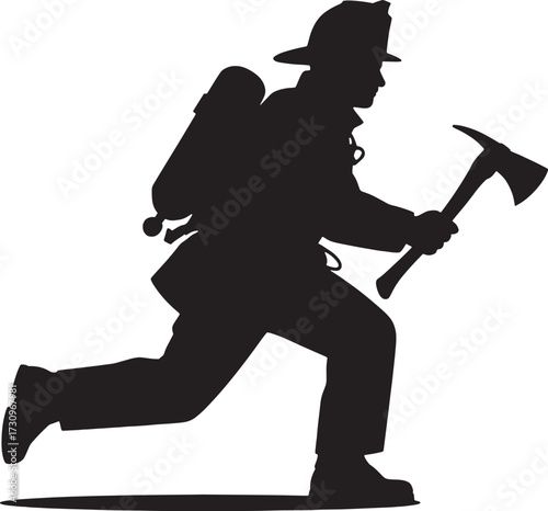Black silhouette of a firefighter running with an axe and oxygen tank vector