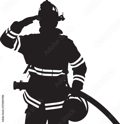 Black silhouette of a firefighter saluting with a hose salute helmet