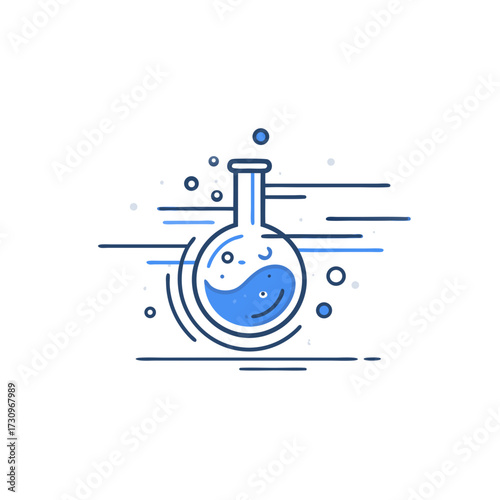 Dynamic minimalist chemistry flask with blue liquid illustration, scientific experiment, laboratory research, biotech vector icon