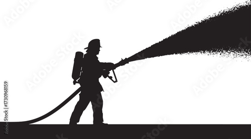 Black silhouette of a firefighter spraying water from a hose against a white background vector