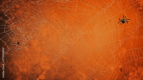 spooky halloween background with intricate spiderwebs and spiders on a textured orange, red, and black gradient, with ample copy space for text or design. Helloween 