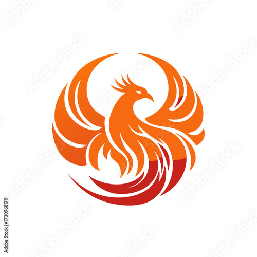 Majestic phoenix bird logo with fiery wings, a mythological creature symbolizing rebirth, power, and strength, isolated graphic design.