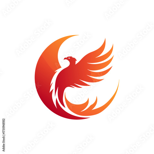 Majestic Phoenix Bird Logo in Fiery Red and Orange, Symbolizing Rebirth, Power, Triumph, and Freedom. Graphic Design.
