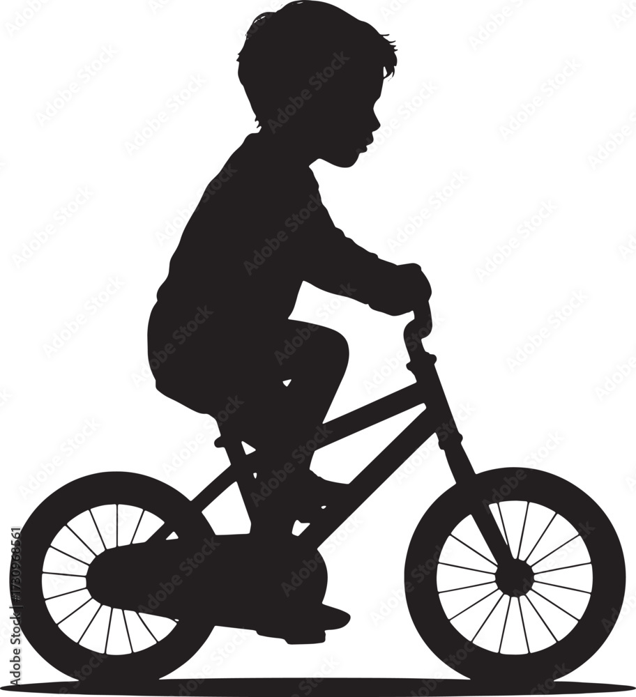 Fototapeta premium Black silhouette of a young boy riding a bicycle child