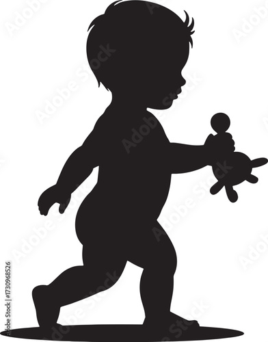 Black silhouette of a toddler walking and holding a stuffed toy baby child