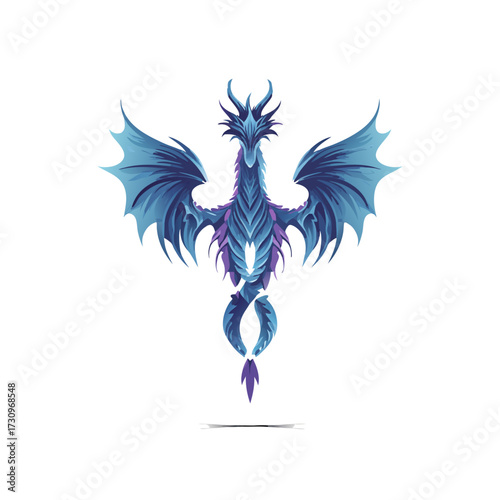 Majestic stylized blue and purple dragon icon with spread wings, mythical fantasy creature graphic design element
