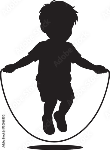 Black silhouette of a young boy jumping rope on a white background child skipping