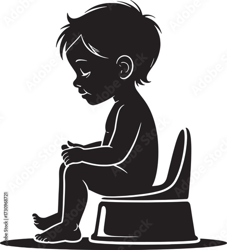 Black silhouette of a young child sitting on a potty training seat with eyes closed toilet learning