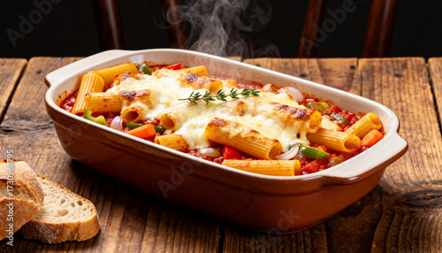 Baked Pasta Dish with Melted Cheese, Vegetables and Fresh Bread