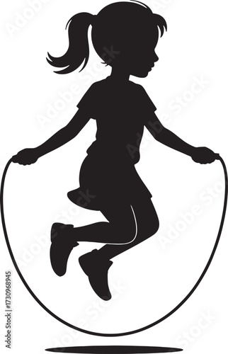 Black silhouette of a young girl with a ponytail jumping rope child skipping