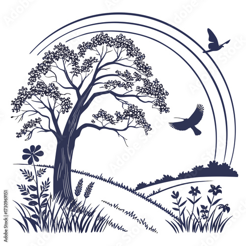 Nature's Embrace A Scenic Landscape Depicting a Tree, Birds, and Rolling Hills