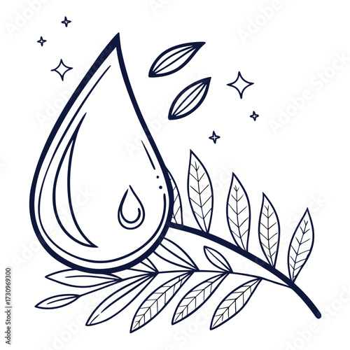 Water droplet with leaves illustration Concept of nature, freshness and purity