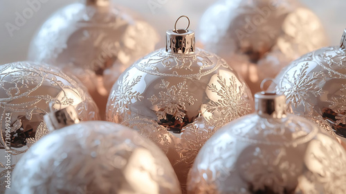 Pearlescent Christmas ornaments with snowflake patterns