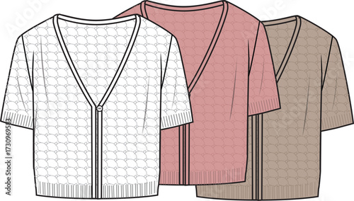 Women's Short Sleeve Crochet Cardigan- Technical fashion illustration. Front, in white, rose pink, and beige colours. CAD mock-up.	