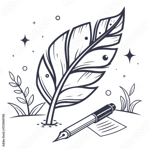 Illustration of Quill Pen and Paper Depicting Writing and Creativity Concept