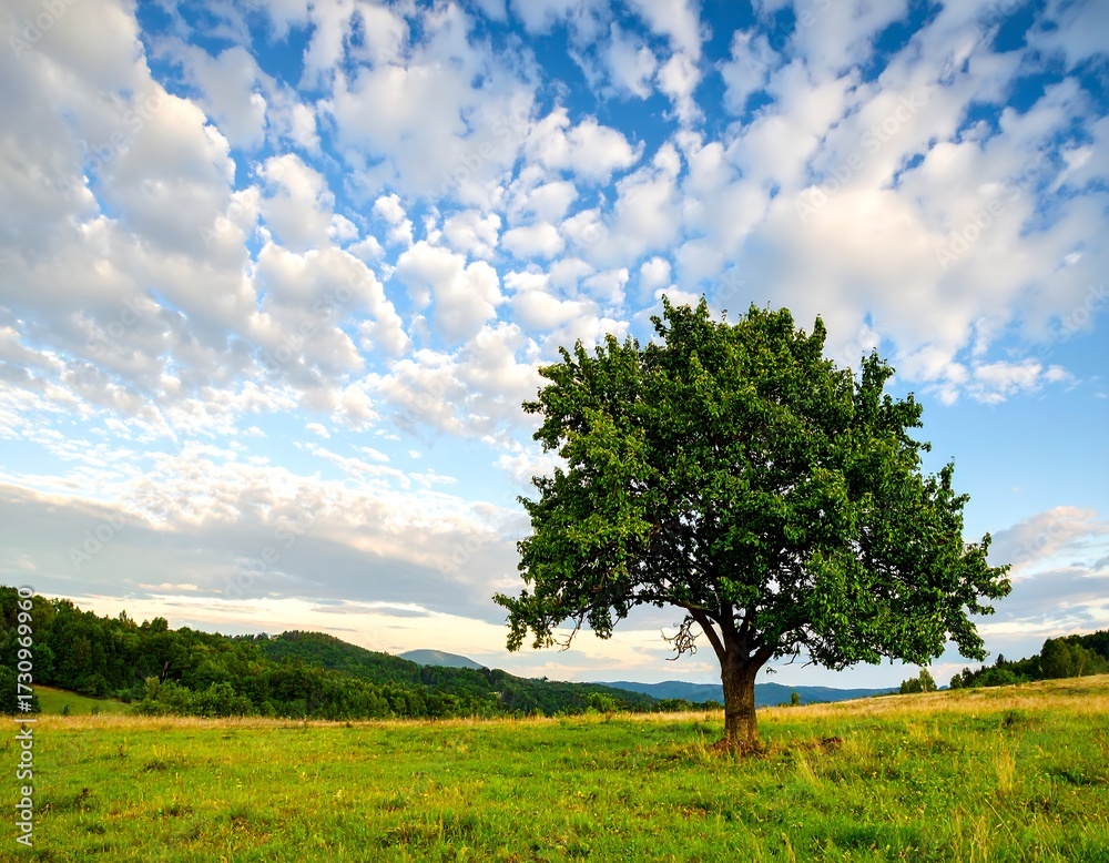 Obraz premium A solitary tree on a grassy hilltop under a vibrant sky