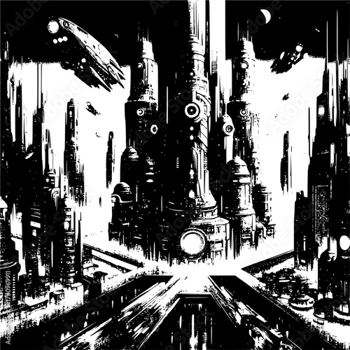 Futuristic Metropolis Illustration: A dynamic monochrome illustration showcases a visionary cityscape with towering structures, advanced transport, and an atmosphere of innovation and progress. 