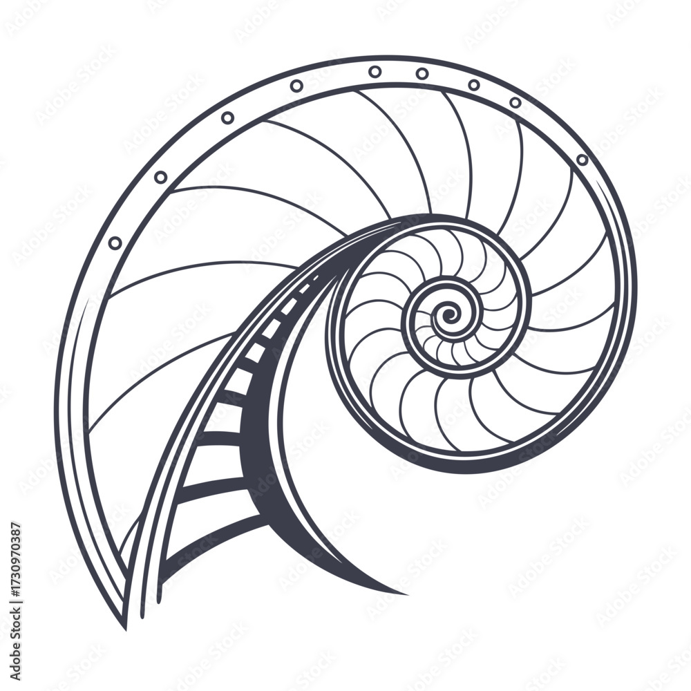 Obraz premium Intricate Nautilus Shell with Rail Structure Illustration Geometric Design