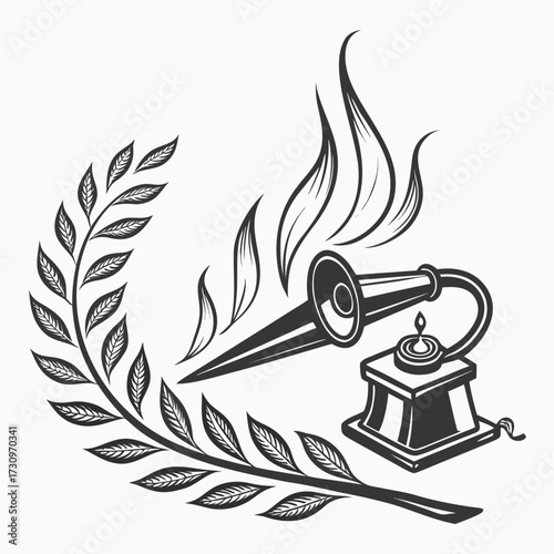 Vintage Gramophone with Laurel Wreath and Fire Flames A Melodic Art Concept