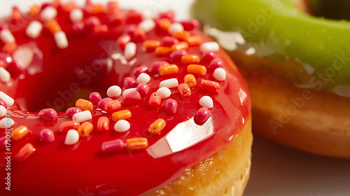 Red and green glazed donuts close-up