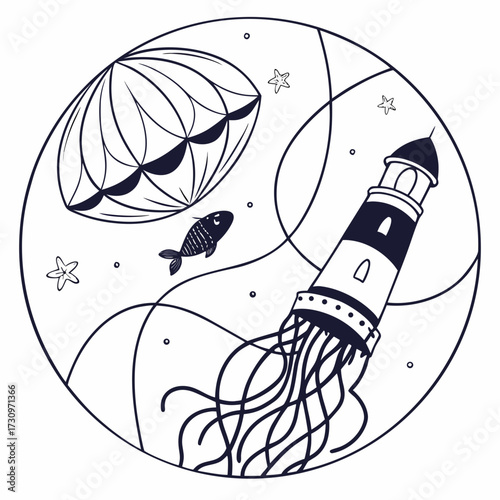 Whimsical line art illustration of a surreal fantasy world with a jellyfish lighthouse and flying fish under a starlit sky