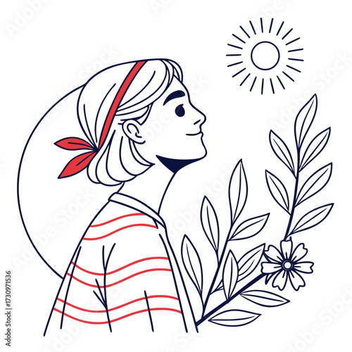 Minimalist line art illustration of a joyful young woman embracing the warmth of the sun and the beauty of nature, embodying serenity and well-being in a tranquil moment