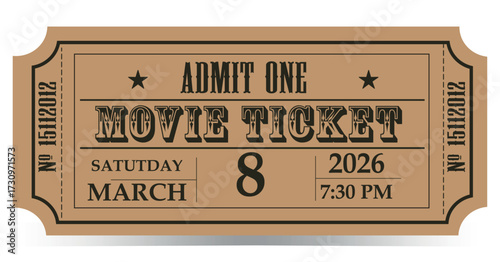 admit one ticket. Vintage-style cinema and theater ticket brown and black on transparent background with shadow vector template.