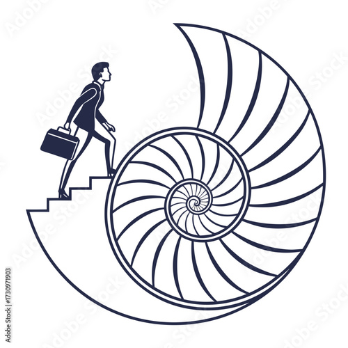 Conceptual illustration of a business person ascending a spiral staircase shaped like a nautilus shell, symbolizing career growth, progress, and ambition