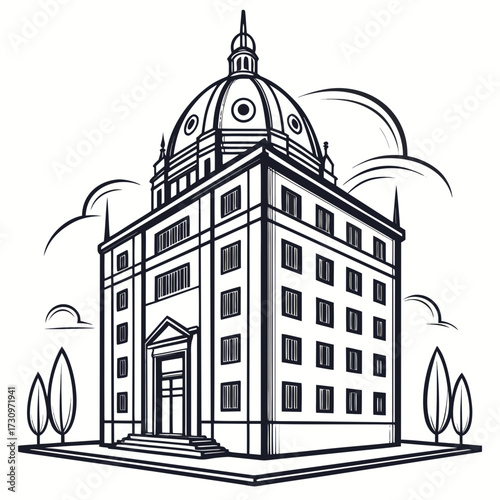 Elegant line art illustration of a classical domed building, showcasing intricate architectural details and timeless design, embodying authority, history, and urban grandeur
