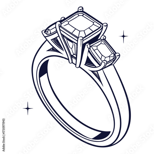 An exquisite three-stone diamond ring, meticulously illustrated, symbolizing enduring love and significant life moments, representing luxury and commitment