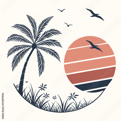 Tropical Paradise Retro Sunset Scene with Palm Tree and Birds