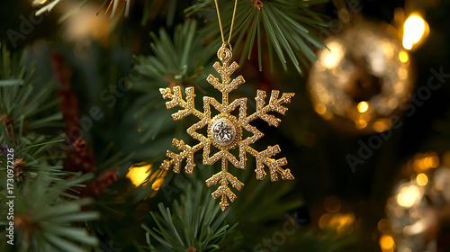 Golden snowflake ornament with jewel close-up