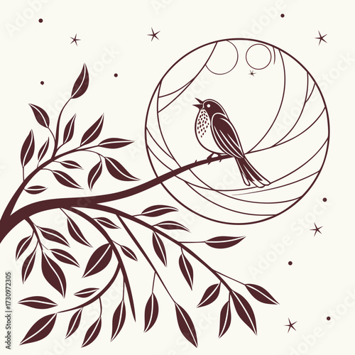 Elegant illustration of a singing bird perched on a branch under a stylized moonlit night sky with stars