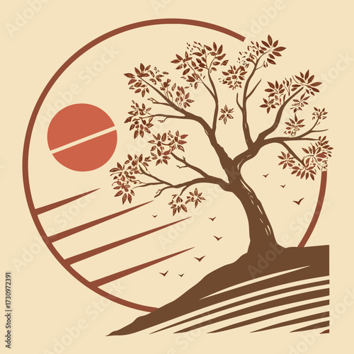A serene and artistic depiction of a resilient tree on a gentle hill, bathed in the warm glow of a setting sun within a classic circular design, evoking peace and natural beauty