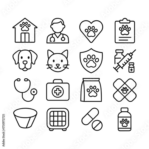 Pet medical care and veterinary clinic icons. Outline symbols. Line design