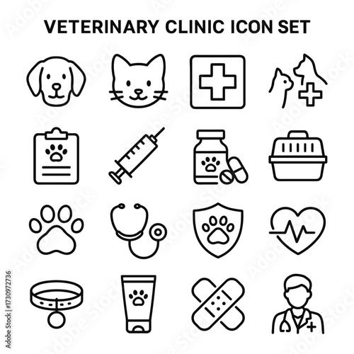 Animal doctor and veterinary treatment icons. Outline symbols. Line design
