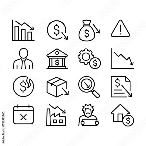 Financial downturn and economic decline icons. Outline symbols. Line design