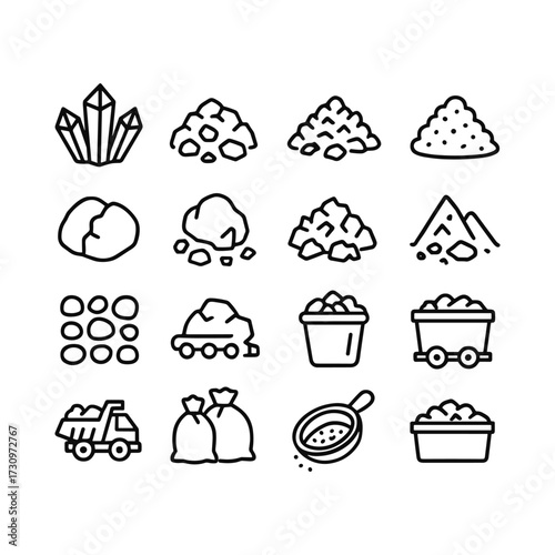 Natural gemstone and mineral specimen icons. Outline symbols. Line design