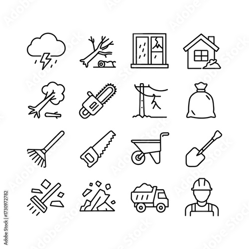Storm cleanup and disaster recovery vector icons set. Outline symbols. Line design
