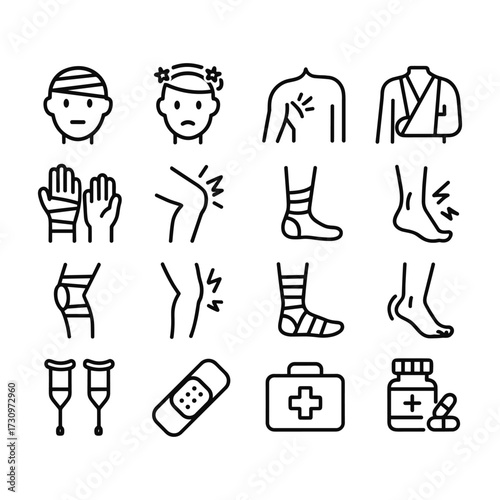 Athletic injury medical icons. Outline symbols. Line design