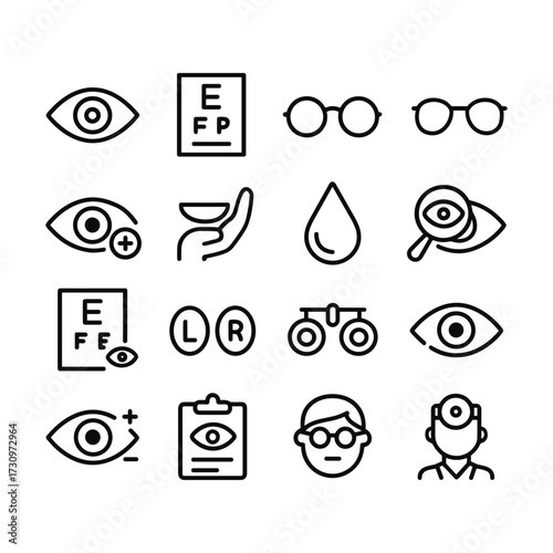 Optical health icons collection. Outline symbols. Line design