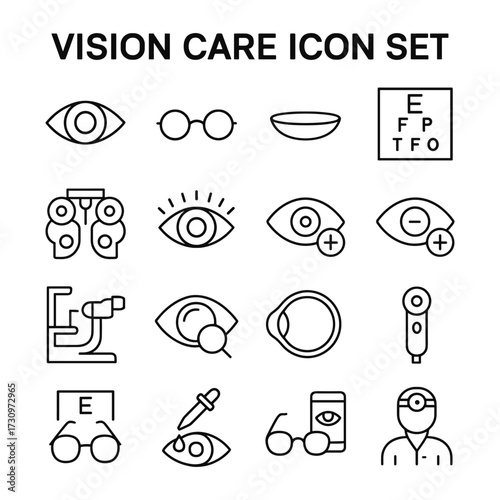 Eyecare and optometry icons. Outline symbols. Line design