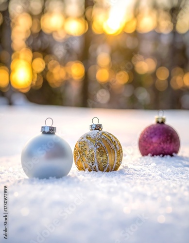 Christmas ornaments on snow with a sunset background