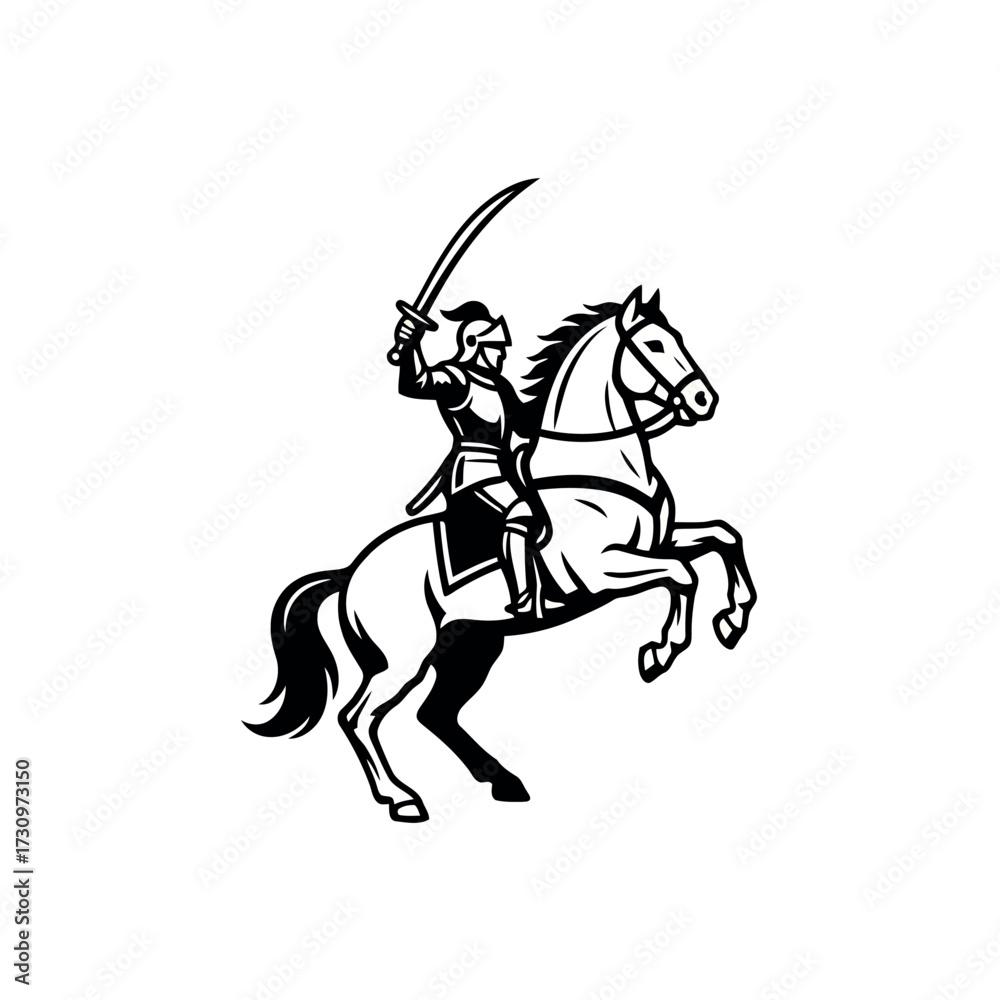 Naklejka premium Black and white illustration of a knight in full armor riding a rearing horse with a sword raised on a white background