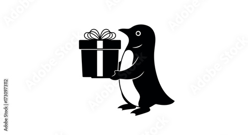 Black and white cartoon penguin holding a gift box with a bow on a white background present