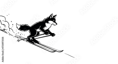 Black and white illustration of a fox skiing downhill with snow spray on a white background vector