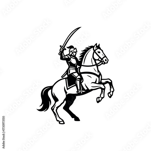 Black and white illustration of a knight in full armor riding a rearing horse with a sword raised on a white background