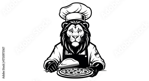 Black and white illustration of a lion wearing a chef hat and apron, holding a pizza and a spatula king