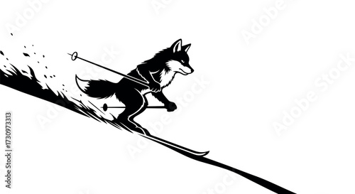 Black silhouette of a fox skiing downhill with ski poles and snow spray winter sport