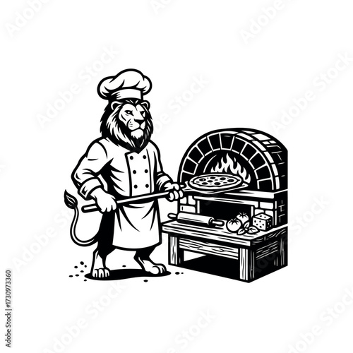 Black silhouette of a lion wearing a chef hat and uniform holding a pizza peel with a pizza in front of a brick oven